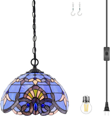 Werfactory® Tiffany Style Plug in Pendant Light 12 Inch Blue Purple Baroque Stained Glass Hanging Lamp